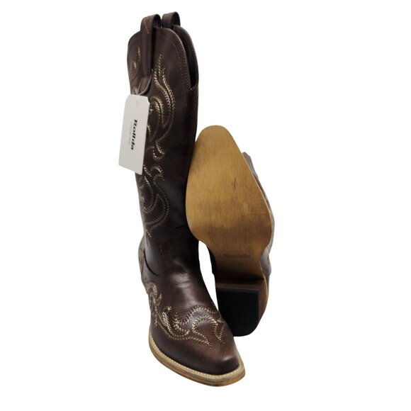 Western Cowboy Brown Leather Boots Womens 7.5 Rollda Embroidered Stacked Heel - Picture 8 of 12